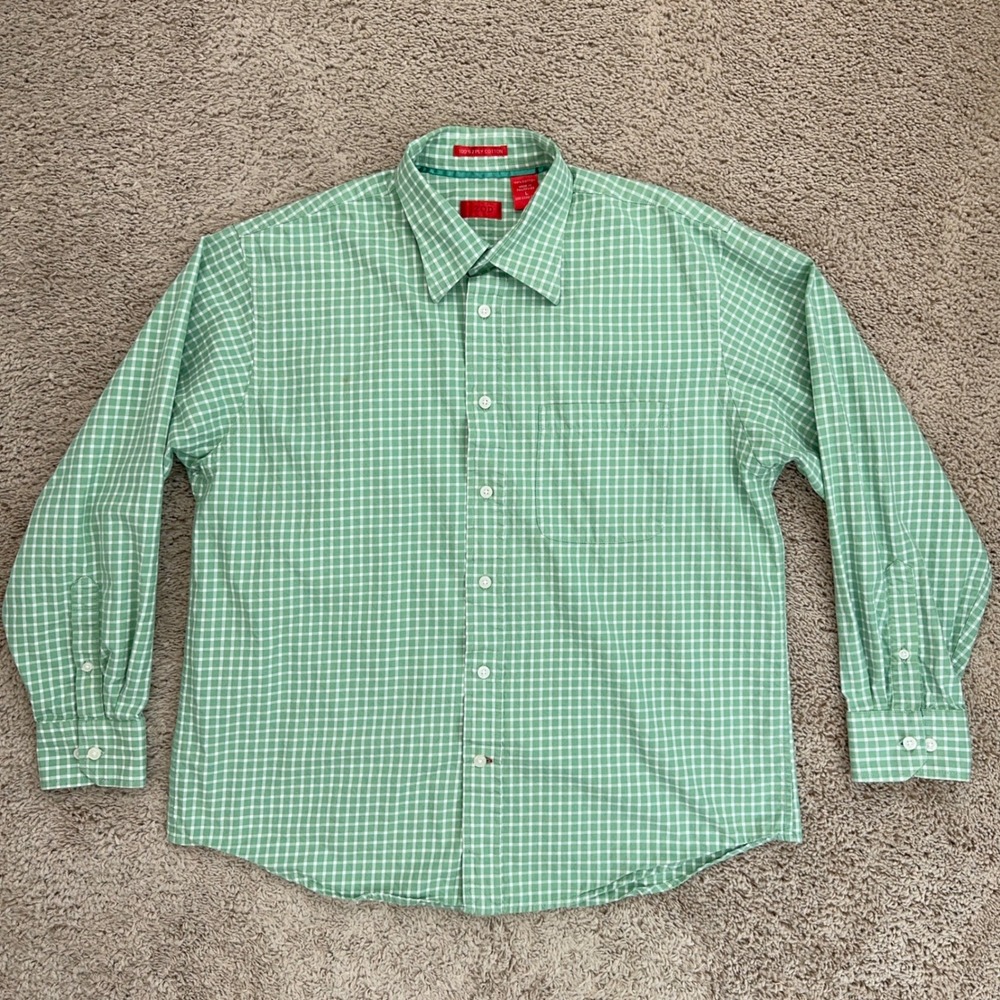 IZOD Button Down Shirt Mens L Green‎ White Plaid Long Sleeve Collared Casual Top